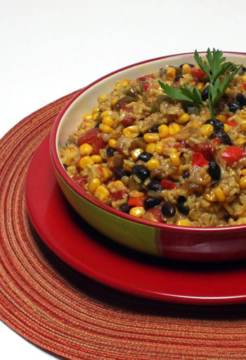 beans and rice with tomatoes, corn, and peppers