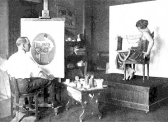 Phillips in his studio with a model, April 7, 1928