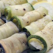 rolled zucchini and eggplant slices filled with goat cheese