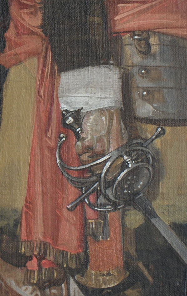 Close-up of a hand holding a rapier in J.C. Leyendecker's painting