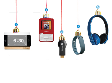 tech gifts hanging as ornaments