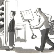 A father gives his son a show shovels and a heavy coat so he could spend his snow day shoveling.