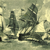 Frigates battle on the open sea.