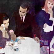 People at dinner. A women wipes her eyes with a hankerchief.