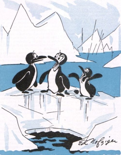 Penguins converse on an iceberg