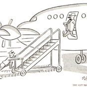 Airport employee rushing a ramp to an airplane as a passenger is getting off