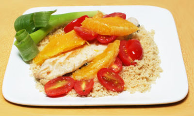 Trout with Oranges and Tomatoes and Onion Garnish