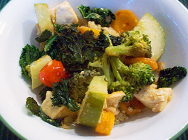  cucumber, peppers, cherry tomatoes, tofu, and broccoli stir-fry