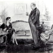 Man talking to a woman seated on a sofa