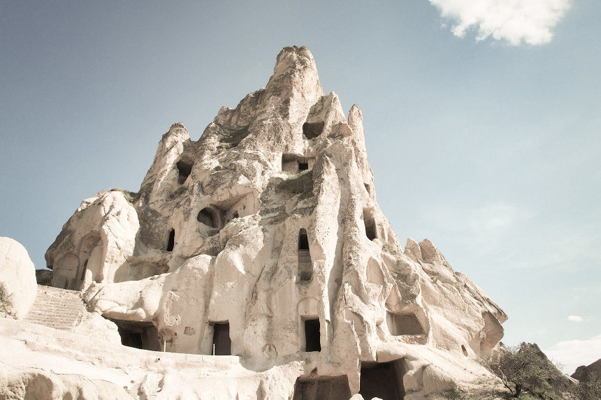 Human settlements carved into a mountain