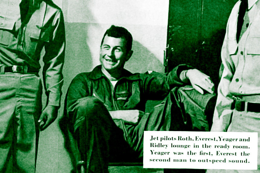 Jet pilots Roth, Everest, Yeager, and Ridley lounge in the ready room.
